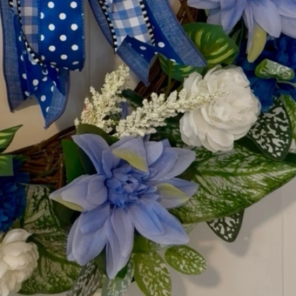 Blue and White Polka Dot Holiday Wreath